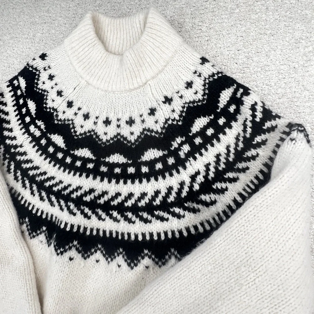 Abercrombie & Fitch Sweater Women S Fair Isle Nordic Chunky Knit Cream Black EUC